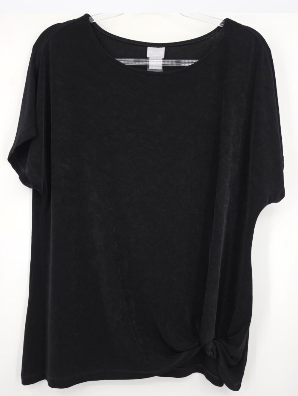 Chicos Travelers 3 Slinky Short Sleeve Top Black XL Knot Hem Stretch